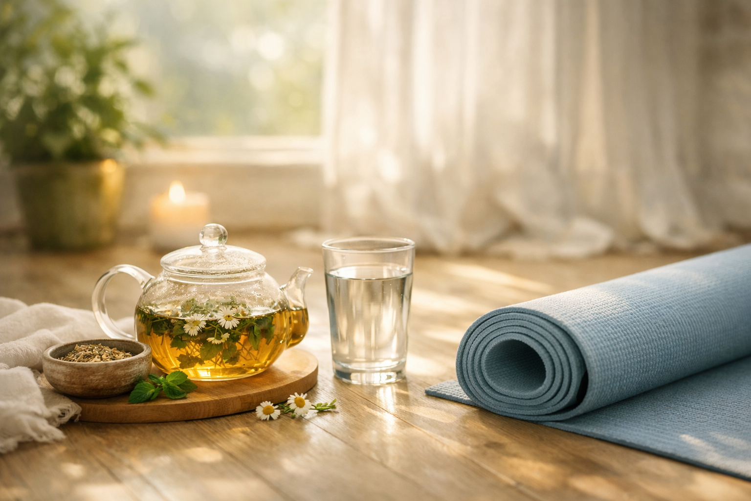 Peaceful morning routine with herbal tea, fresh water glass, yoga mat and natural light streaming through window, calming atmosphere, soft focus, wellness lifestyle