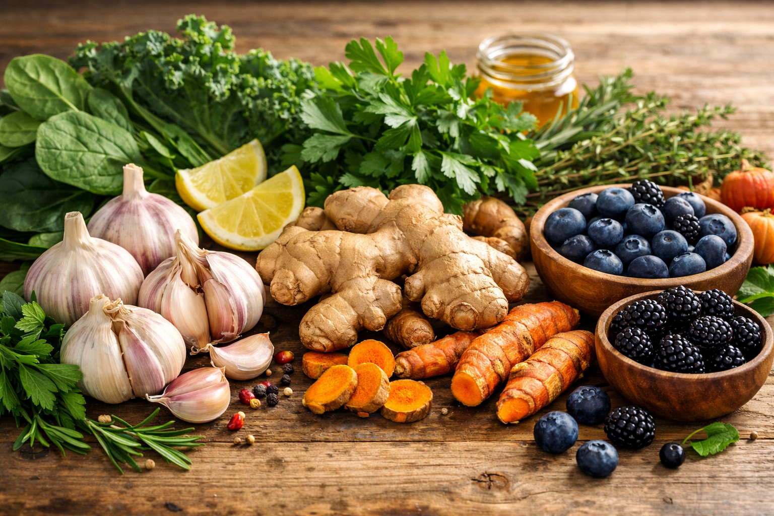 Fresh natural ingredients on wooden table including garlic, ginger, turmeric, dark berries, leafy greens, herbs, natural lighting, healthy food photography, vibrant colors